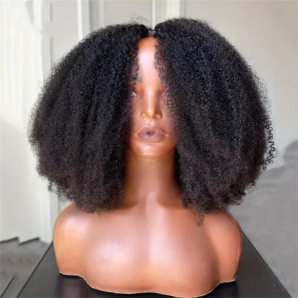 V Part Afro Kinky Curly Human Hair Wig for Women - 100% Brazilian Virgin Hair, 250% Density Glueless Clip-In Half Wig with Rose Net Cap, No Leave Out & Natural Color, Beginner Friendly, Versatile Hairpiece | Elegant Hairstyle